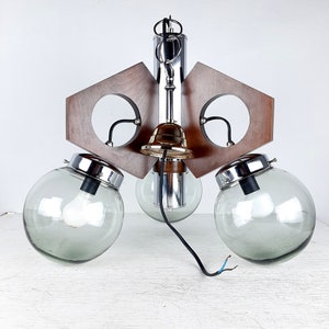 Mid-century pendant lamp Yugoslavia 70s Wood Glass Metal Geometric chandelier Three Bulbs Chandelier smoky glass Space Age image 4