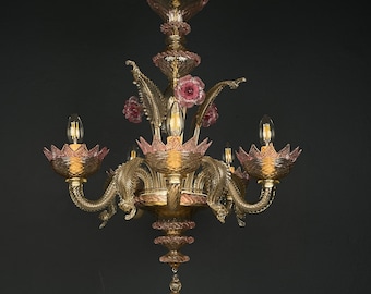 Murano chandelier Italy 1980s Pink and clear Italian home decor