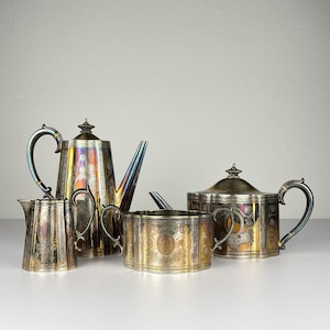 Antique silver plated coffee and tea set by Elkington & Co, England, 1880s, Vintage home decor