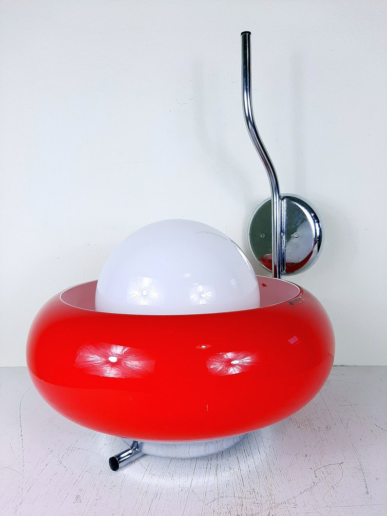 Mid-century Wall Lamp Meblo Guzzini 1980s Red Glass Plastic Lamp Retro Italy Space Age Atomic Sconces image 4