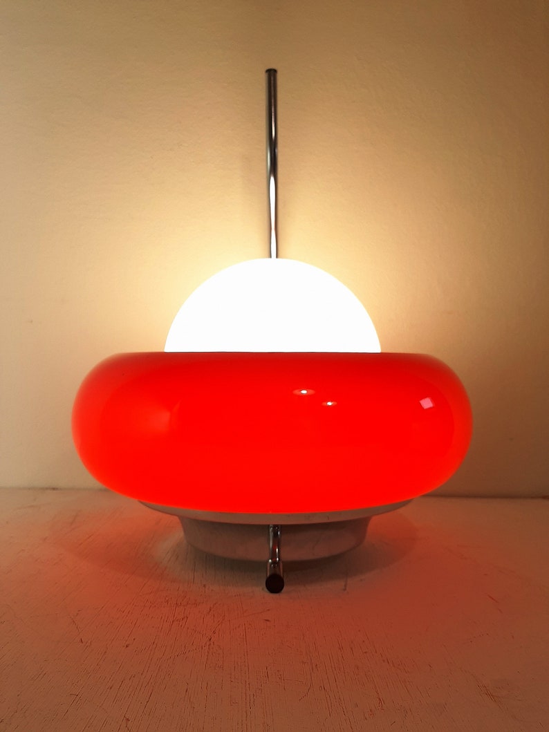 Mid-century Wall Lamp Meblo Guzzini 1980s Red Glass Plastic Lamp Retro Italy Space Age Atomic Sconces image 2