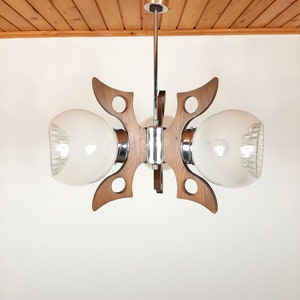 Retro geometric chandelier pendant lamp '70s Yugoslavia Wood Glass Vintage ceiling light Three White Bulbs Chandelier Mid-century Lighting