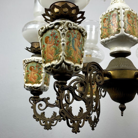 Vintage Large Porcelain Brass Chandelier Italy 1950s 6 Lights