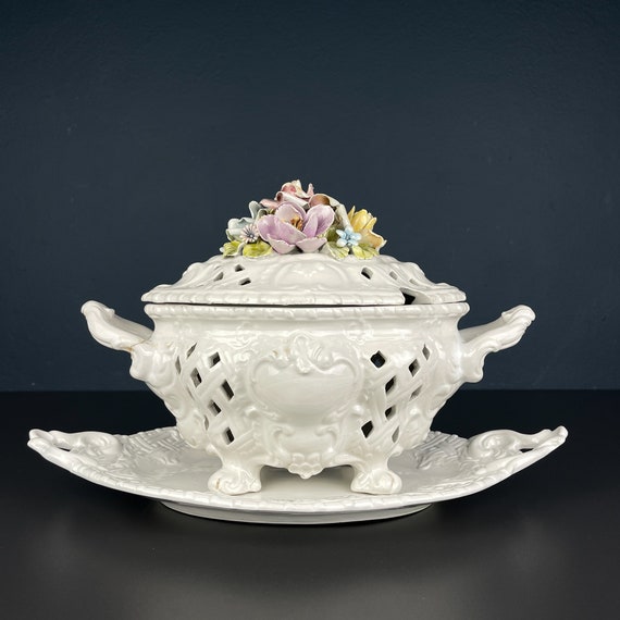 Vintage Bassano Italy Ceramic Tureen With Floral Lid, 1950s