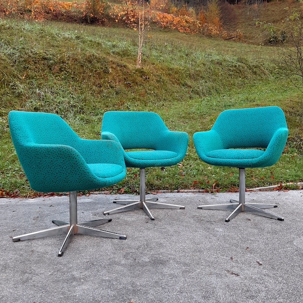 1 von 3 Mid-Century Bürostuhl Stol Kamnik Jugoslawien 70er Retro Schreibtischstuhl Grün Blau Original Textil Eierstuhl Vintage Drehstuhl