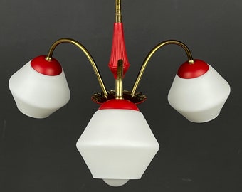 Vintage Italian Brass and Milky Glass 3-Arm Chandelier - 1950s Classic Design