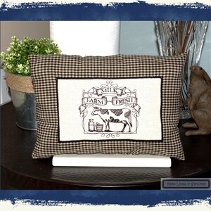 Farm Fresh Milk Embroidered Accent Pillow  | Primitive Home Decor | Farmhouse Home Decor