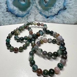 Indian Agate, Natural Gemstone Beads Bracelet, Handmade Men Women Stretchy Bracelet, Genuine Gemstone Round Beaded Healing Crystal Bracelet