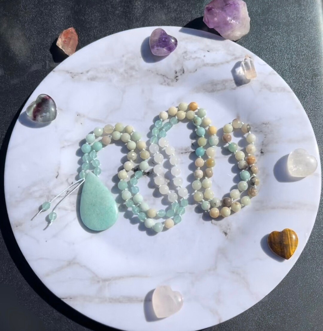 Amazonite Gemstone Grounding Necklace 108 Mala Bead Tassel Bracelet