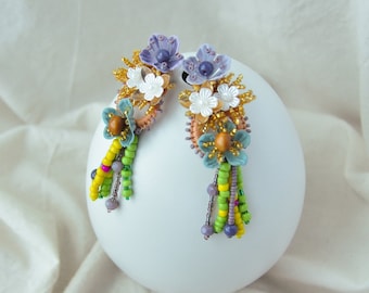 Unique Statement Earrings | Fun Flower Earrings | Colorful Beaded Earrings | Green Yellow Pendants | Boho Handmade Jewelry