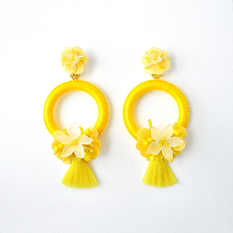 Yellow Large Earrings Unique Statement Hoops Flower Tassel Earrings Bright Summer Earrings Flower XL Earrings Handmade Jewelry image 2