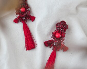 Large Tassel Earrings | Bold Red Unique Earrings | Statement Handmade Earrings | Elegant Beaded Pendants | Stylish Handcrafted Jewelry