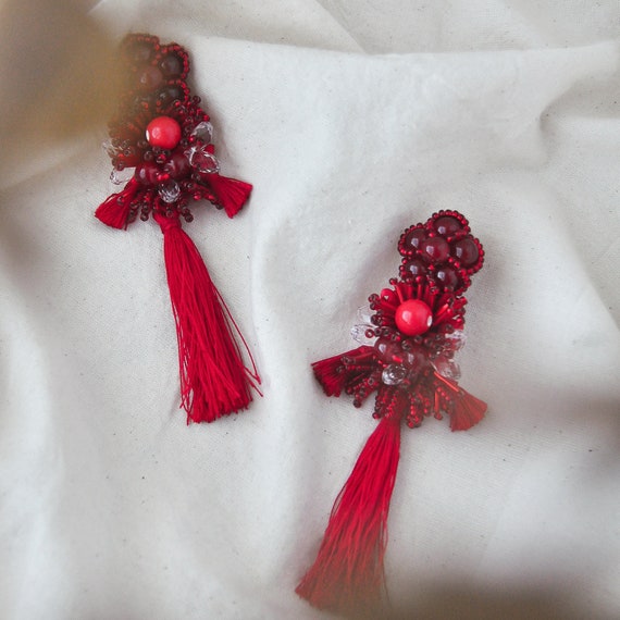 Large Tassel Earrings | Bold Red Unique Earrings | Statement 