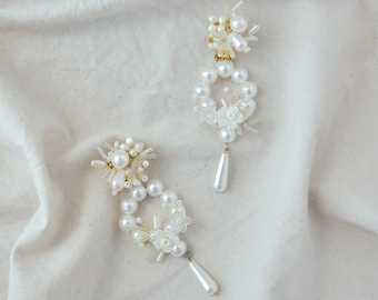 Pearl Handmade Wire Earrings | Bridal Pearl Earrings | Elegant Statement Earrings | Unique Monochromatic Earrings | Handcrafted Jewelry
