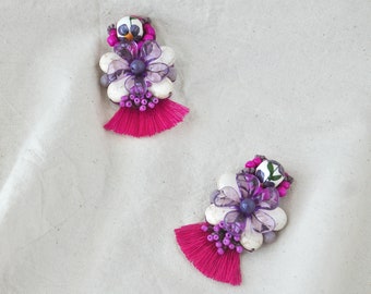 Colorful Small Earrings | Fuchsia Flower Earrings | Unique Tassel Mini Earrings | Beaded Earrings | Unique Statement Mini | Handmade Jewelry