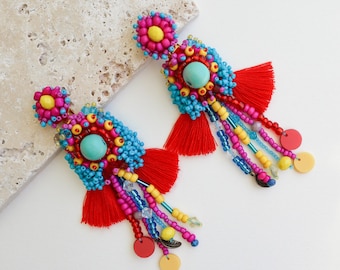 Multicolor Earrings | Unique Statement Earrings | Handmade Beaded Earrings | XL Oversized Earrings | Bold Earrings