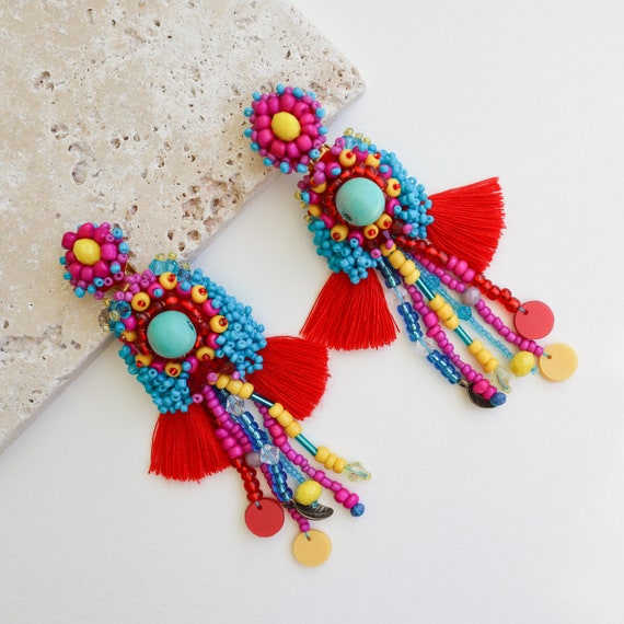 Multicolor Earrings | Unique Statement Earrings | Handmade Beaded Earrings | XL Oversized Earrings | Bold Earrings