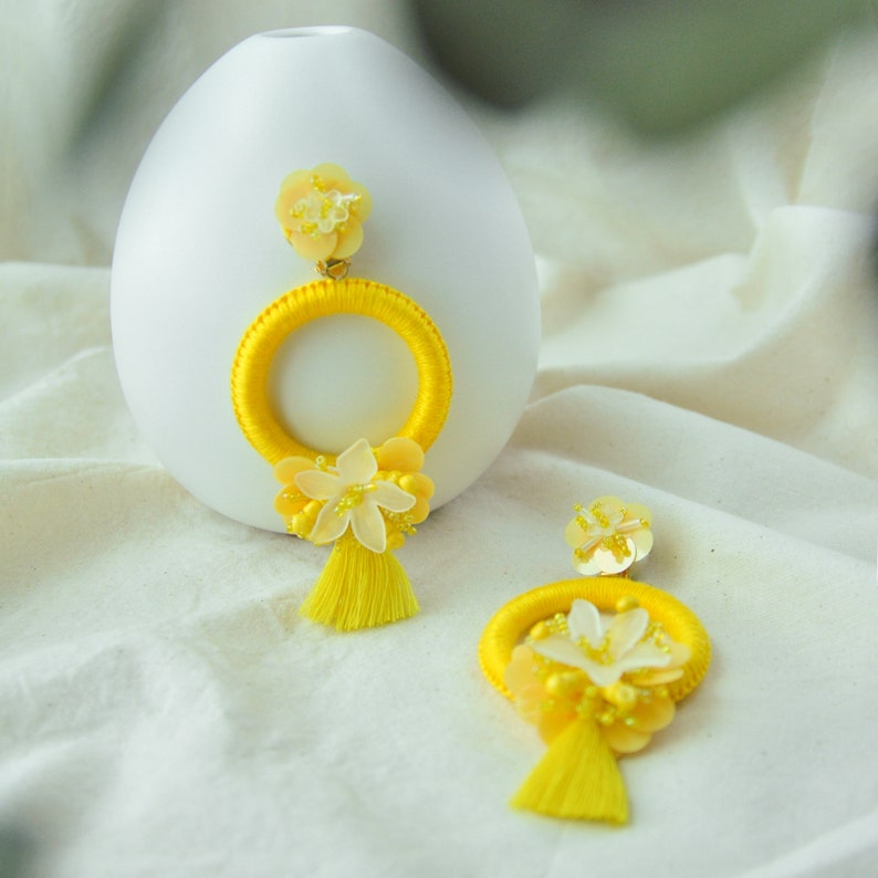 Yellow Large Earrings Unique Statement Hoops Flower Tassel Earrings Bright Summer Earrings Flower XL Earrings Handmade Jewelry image 3