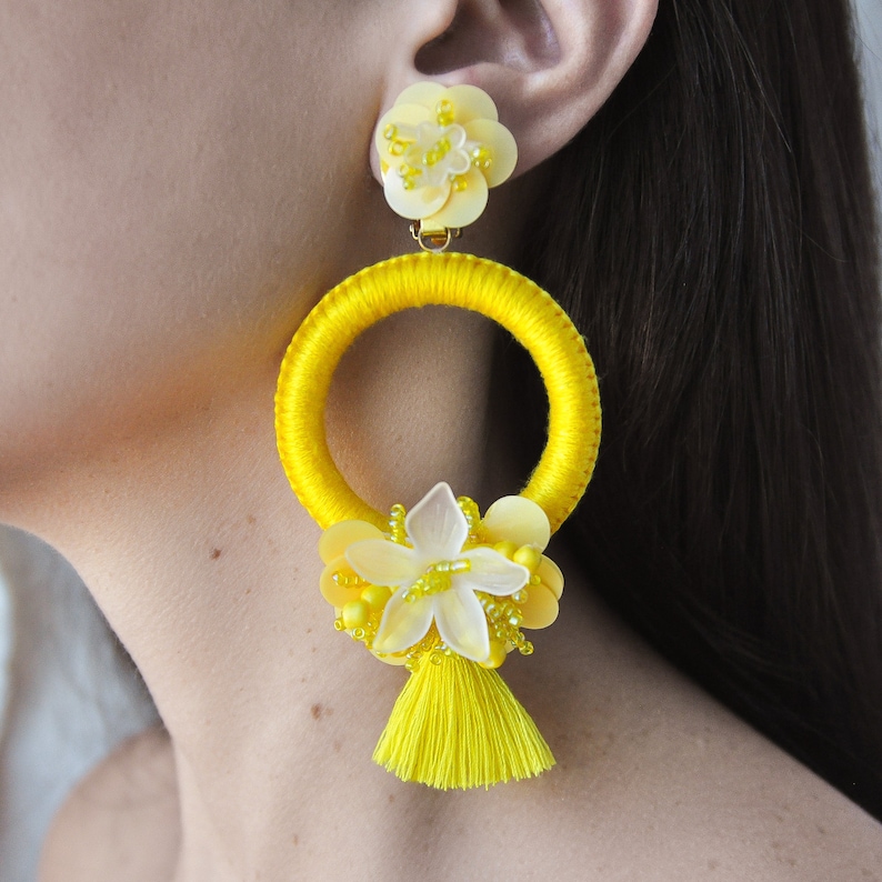 Yellow Large Earrings Unique Statement Hoops Flower Tassel Earrings Bright Summer Earrings Flower XL Earrings Handmade Jewelry image 4