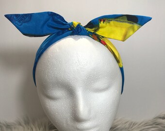 Blue Construction Top Tie Cotton Headband with Elastic Back and Removable Bow Made with Licensed Fabric