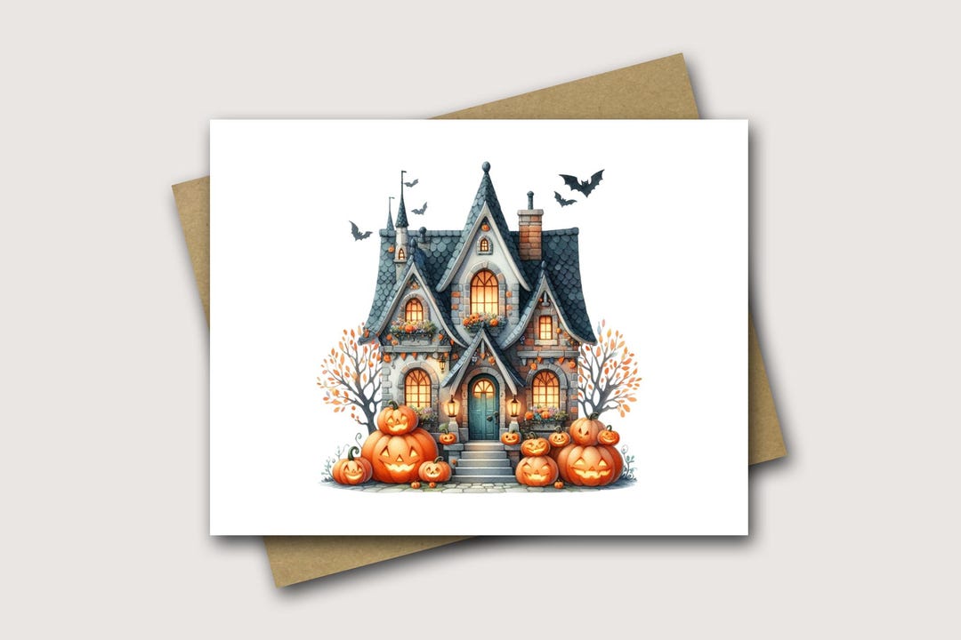 Halloween Cards Haunted House Card Ghost Note Cards Halloween Notecards ...