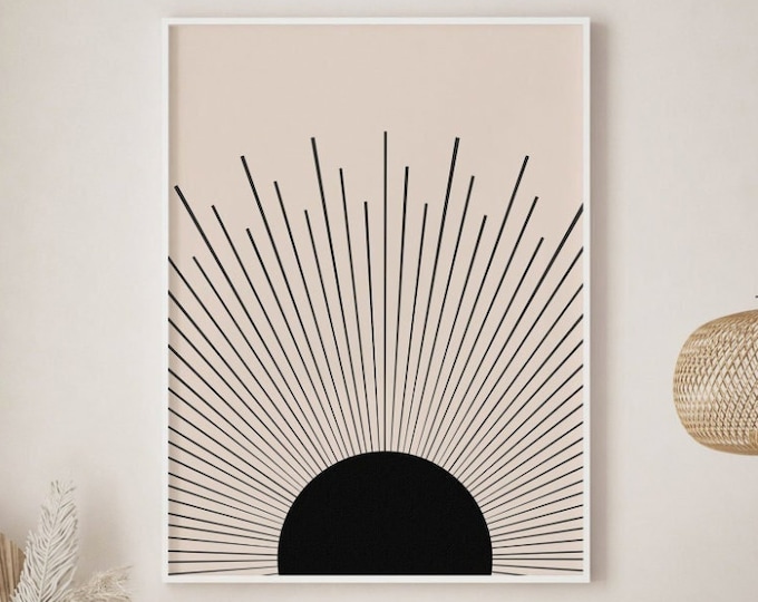 Sun Burst Illustration, Printable Wall Art, Mid Century Print, Abstract Sun Art, Neutral Colors Boho Print, Geometric Minimalist Print Decor