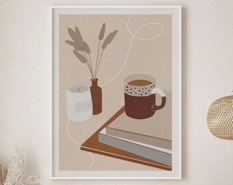 Impression de café abstraite, art mural imprimable, impression de cuisine Boho, art mural minimaliste, affiche de style Boho, illustration végétale, affiche en terre cuite