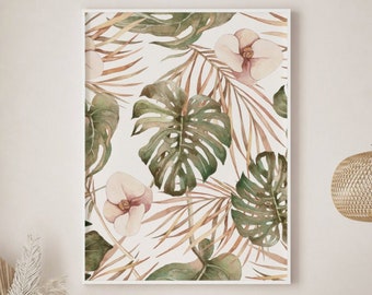 Abstract Botanical Print, Printable Wall Art, Modern Digital Print, Neutral Wall Art, Boho Home Decor, Monstera Leaves Art, Minimalist Print