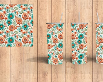 Coral & Teal Floral | Sublimation | Ready To Press |  Tumbler Wrap Transfer |  20 oz. | Straight Tumbler Transfer | NOT A DIGITAL PRINT