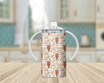 Floral Highland Cow | Grow with Me Sippy Cup Tumbler | Sublimation Tumbler | Kids Tumbler | Stainless Steel Tumbler | Convertible Tumbler |