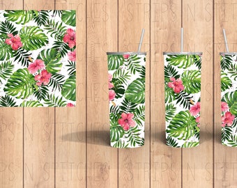 Tropical Leaves & Flower | Sublimation | Ready To Press |  Tumbler Wrap Transfer |  20 oz. | Straight Tumbler Transfer | NOT A DIGITAL PRINT