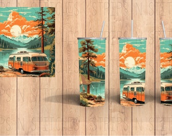 Camping Van | Sublimation | Ready To Press |  Tumbler Wrap Transfer |  20 oz. | Straight Tumbler Transfer | NOT A DIGITAL PRINT