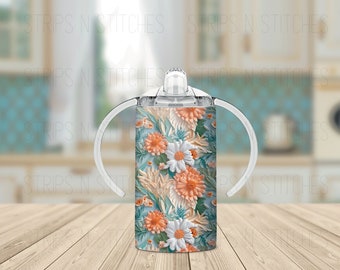 3D Peach and White Flowers - Grow with Me Sippy Cup Tumbler, Sublimation Tumbler, Kids Tumbler, Stainless Steel Tumbler, Convertible Tumbler