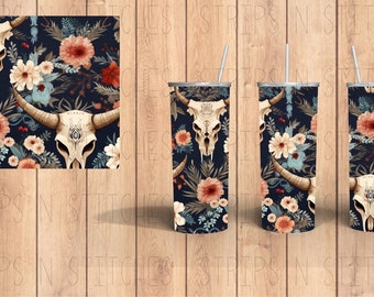 Floral Cow Skulls | Sublimation | Ready To Press |  Tumbler Wrap Transfer |  20 oz. | Straight Tumbler Transfer | NOT A DIGITAL PRINT