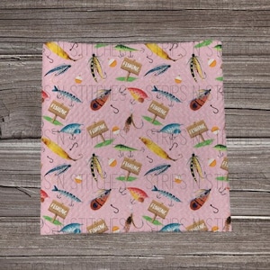 May include: A pink background with a repeating pattern of fishing lures, hooks, and signs that say "Fishing".