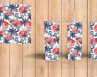 Red & Blue Floral | Sublimation | Ready To Press |  Tumbler Wrap Transfer |  20 oz. | Straight Tumbler Transfer | NOT A DIGITAL PRINT