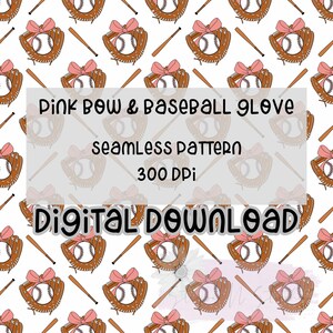 Pink Bows & Baseball Glove | Print your own fabric | Plaid | Seamless | Repeating Pattern | Fabric Print | Baseball Seamless | Bows Seamless
