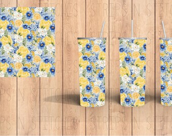 Blue & Yellow Floral | Sublimation | Ready To Press |  Tumbler Wrap Transfer |  20 oz. | Straight Tumbler Transfer | NOT A DIGITAL PRINT