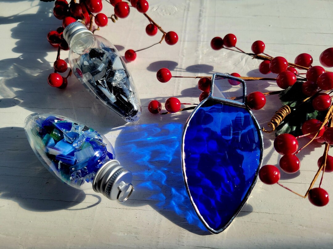 Blue Stained Glass, Light Bulb Ornaments, 3 Piece Set Etsy