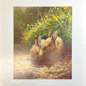 May include: A painting of two brown baby rabbits sitting in a field of green grass and yellow flowers. The painting is titled "Young Rabbits" and signed by the artist, Mike Jackson.