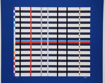 YAACOV AGAM - originele zeefdruk - "Hommage du Mondriaan - Dark Blue" - Israëlische kunst - Geweldige op-art afbeelding!