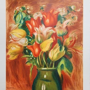 May include: A floral still life print featuring a bouquet of tulips in a green vase. The tulips are in shades of yellow, orange, and white, set against a reddish-brown background. The print is signed "Renoir."