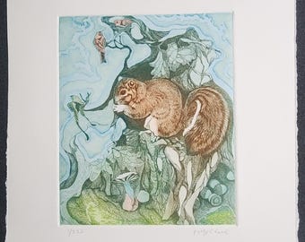 POLLY CHASE - Begränsad upplaga handkolorerad etsning - "Ekorre" signerad