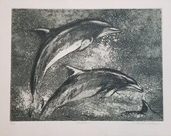 LLOYD, Linda - Original Etching on Paper " Dolphins " Great Image - Signed!