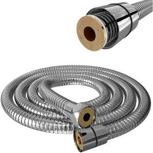 Może przedstawiać: Srebrny wąż prysznicowy z chromowanym wykończeniem i mosiężnym złączem. Wąż jest zwinięty i ma elastyczny design.