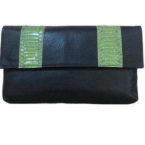 May include: Black leather clutch with a fold-over flap. The clutch features two vertical bands of textured, light green material. The bag is rectangular and appears to be made of high-quality materials.
