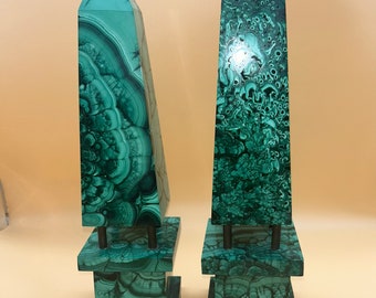 Pair of Solid Malachite Obelisk, Vintage