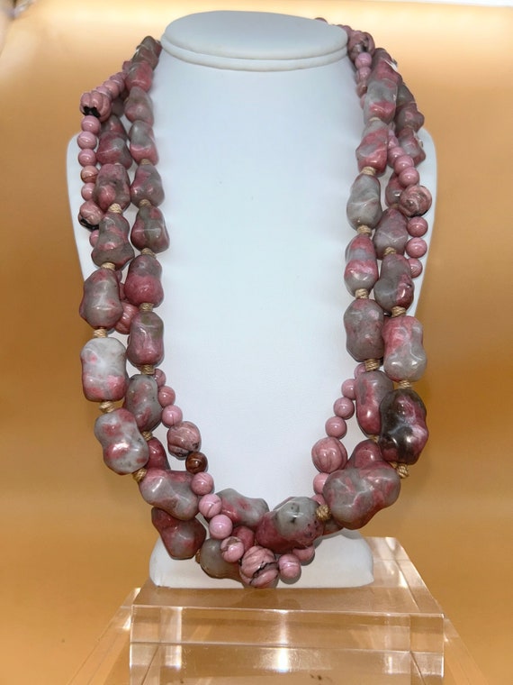 Vintage Rhodonite 3 Strand Stone Necklace