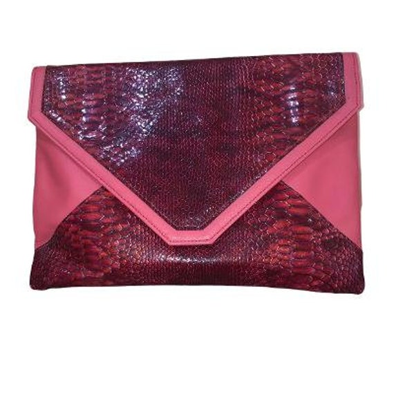 large Leather & Rose Pink Python Clutch