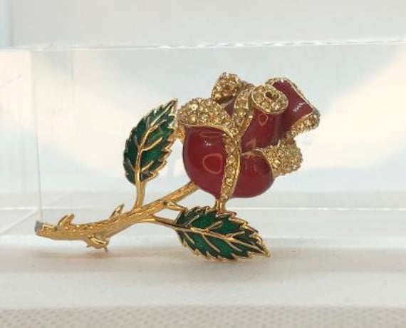 Ciner Red Rose Enamel & Gold Brooch - image 1